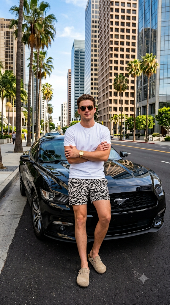Metropolde Lüks ve Özgüven Siyah Mustang ile Sokak Stili (Luxury and Confidence in the Metropolis: Street Style with a Black Mustang)
